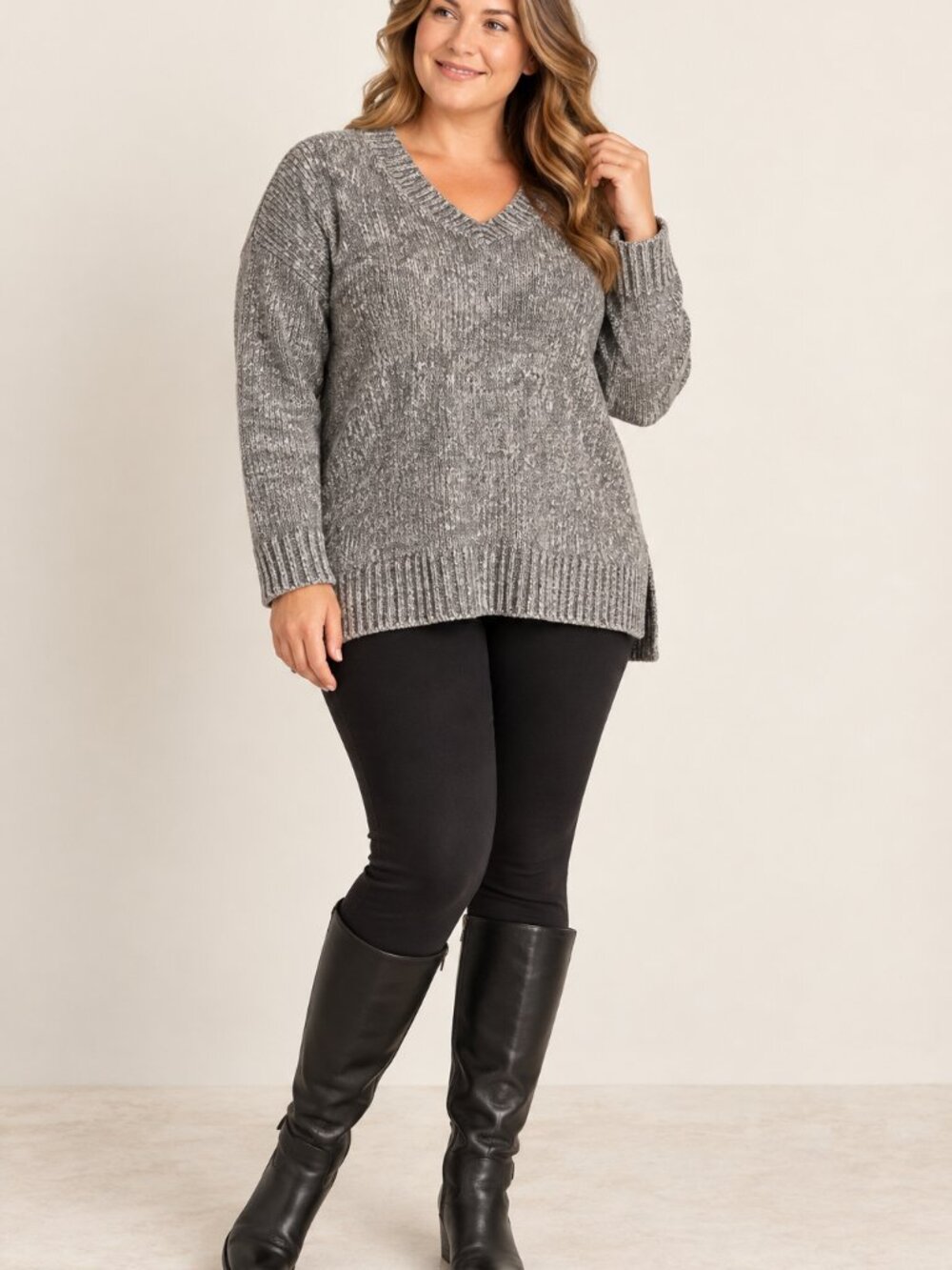 Orvis Women’s XL Gray Marled Chenille V-Neck High-Low Sweater qm